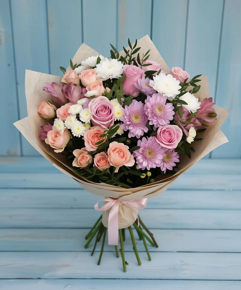 Букет цветов из: Хризантемы, Розы и Альстромерии в Загорьевские дали