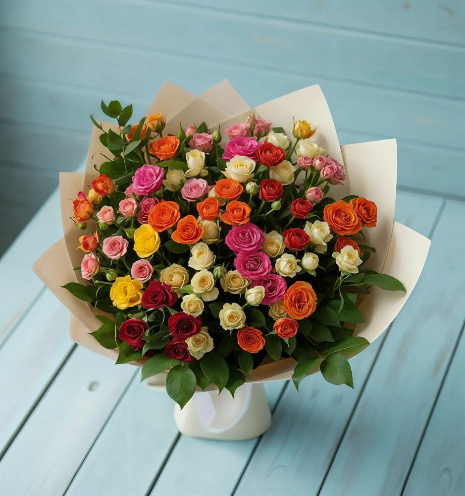 Букет Микс из разноцветных кустовых роз в Загорьевские дали