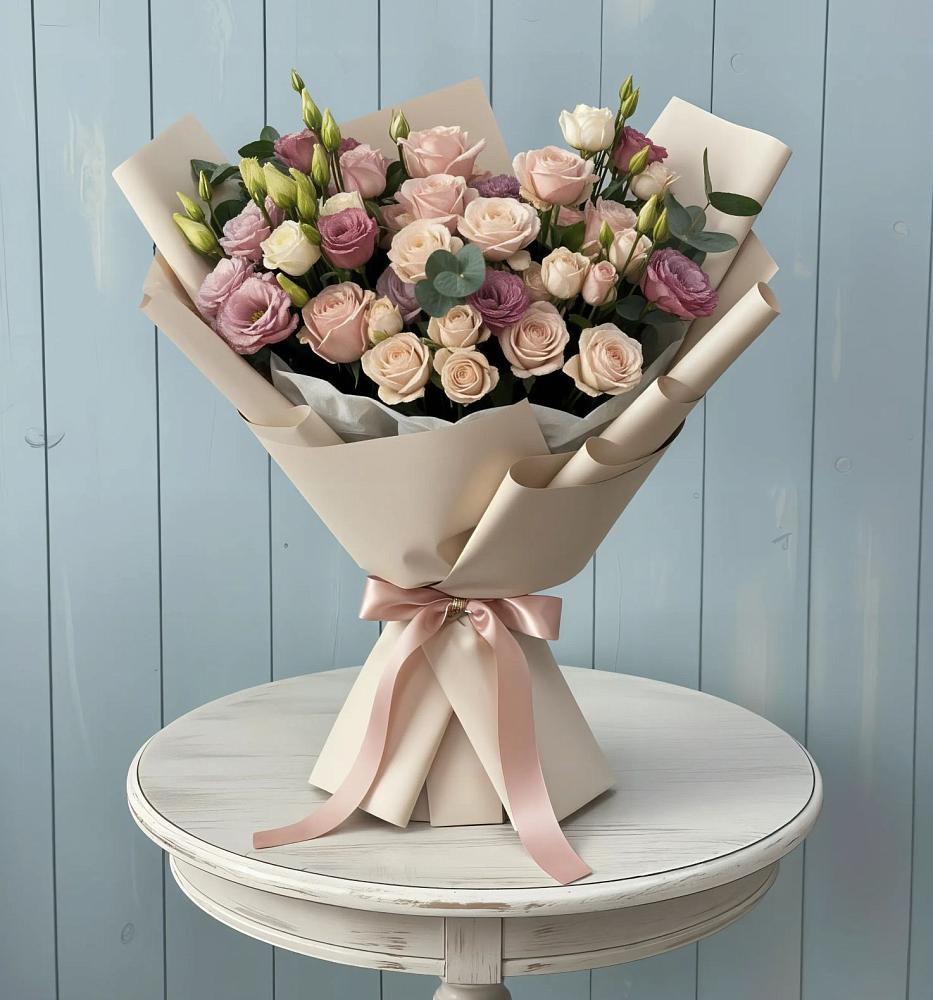 Букет цветов из: Розы и Лизиантусы в Загорьевские дали