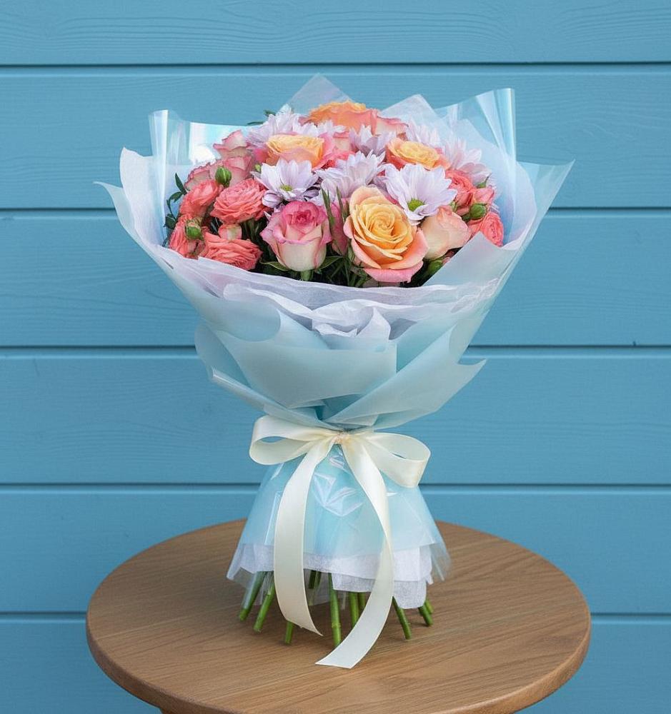 Букет цветов из: Хризантемы и Розы в Загорьевские дали