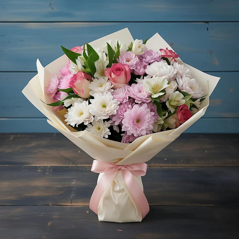 Букет цветов из: Хризантемы, Альстромерии и Розы в Загорьевские дали